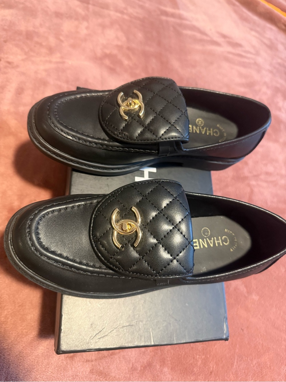 CHANEL Black Quilted Leather Loafers with Gold CC Logo